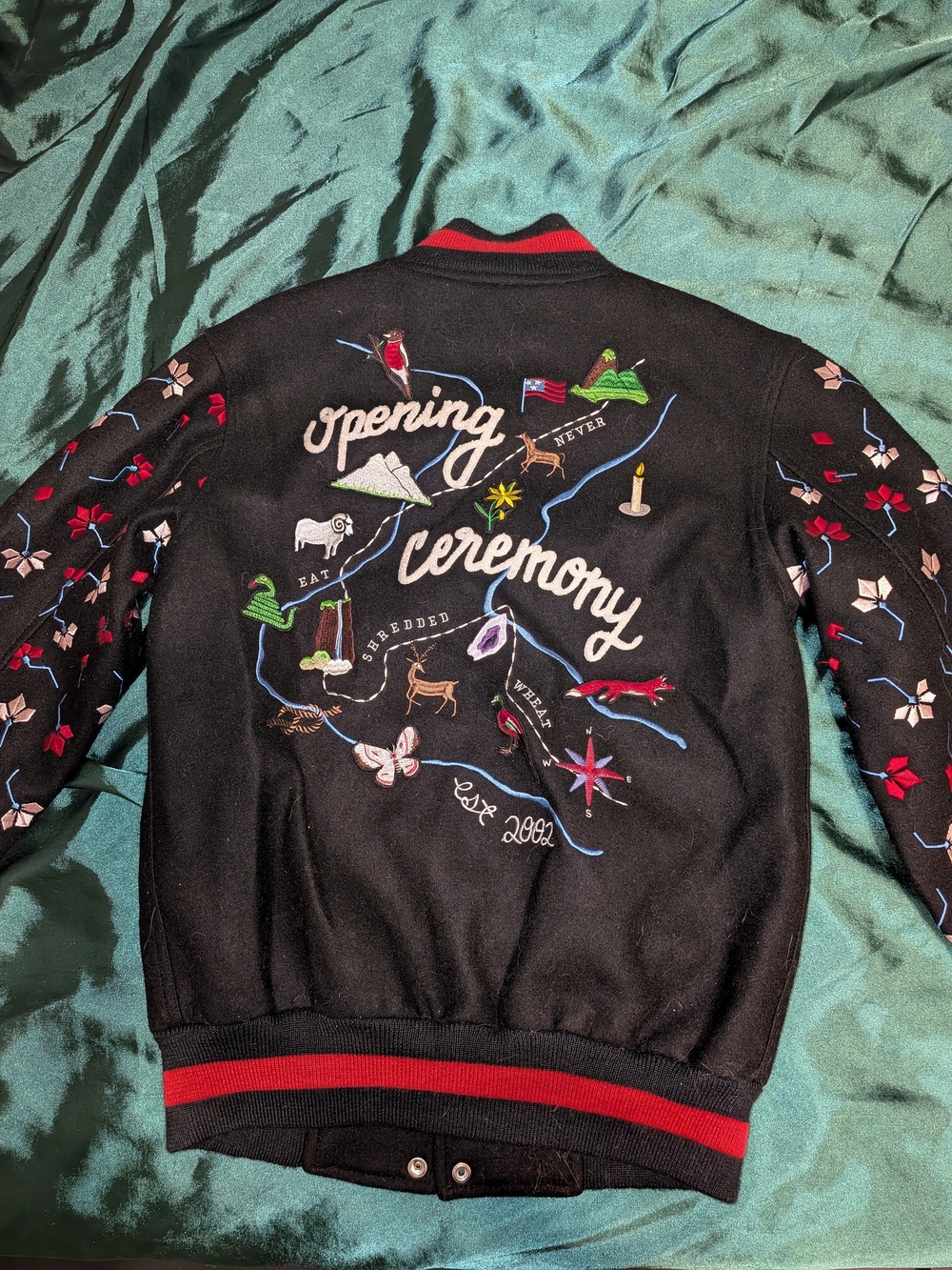 Opening Ceremony Embroidered Black Varsity Jacket - Red Trim